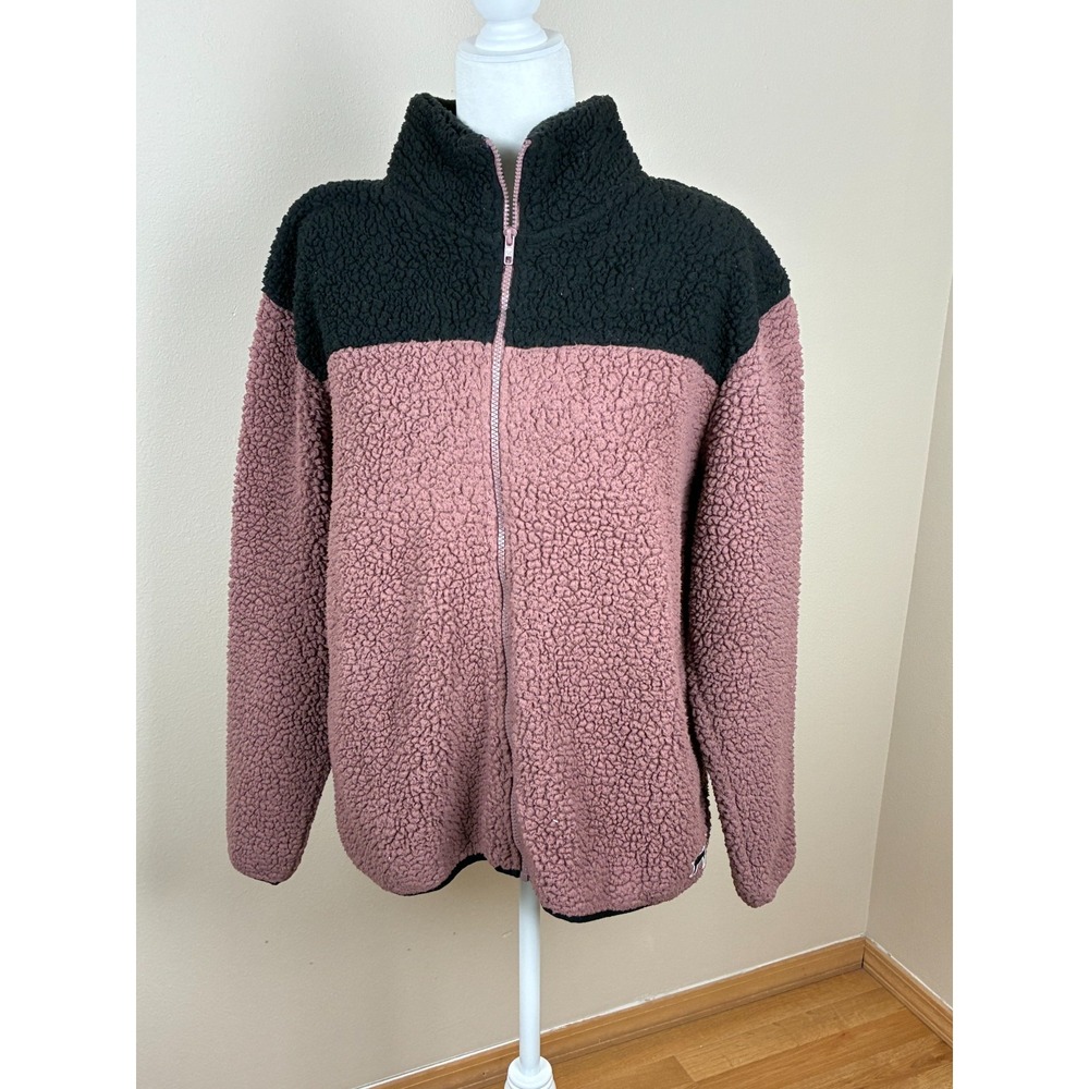 PINK Victoria's Secret‎ Black and Pink Full Zip Sherpa/Fleece Jacket Size Large